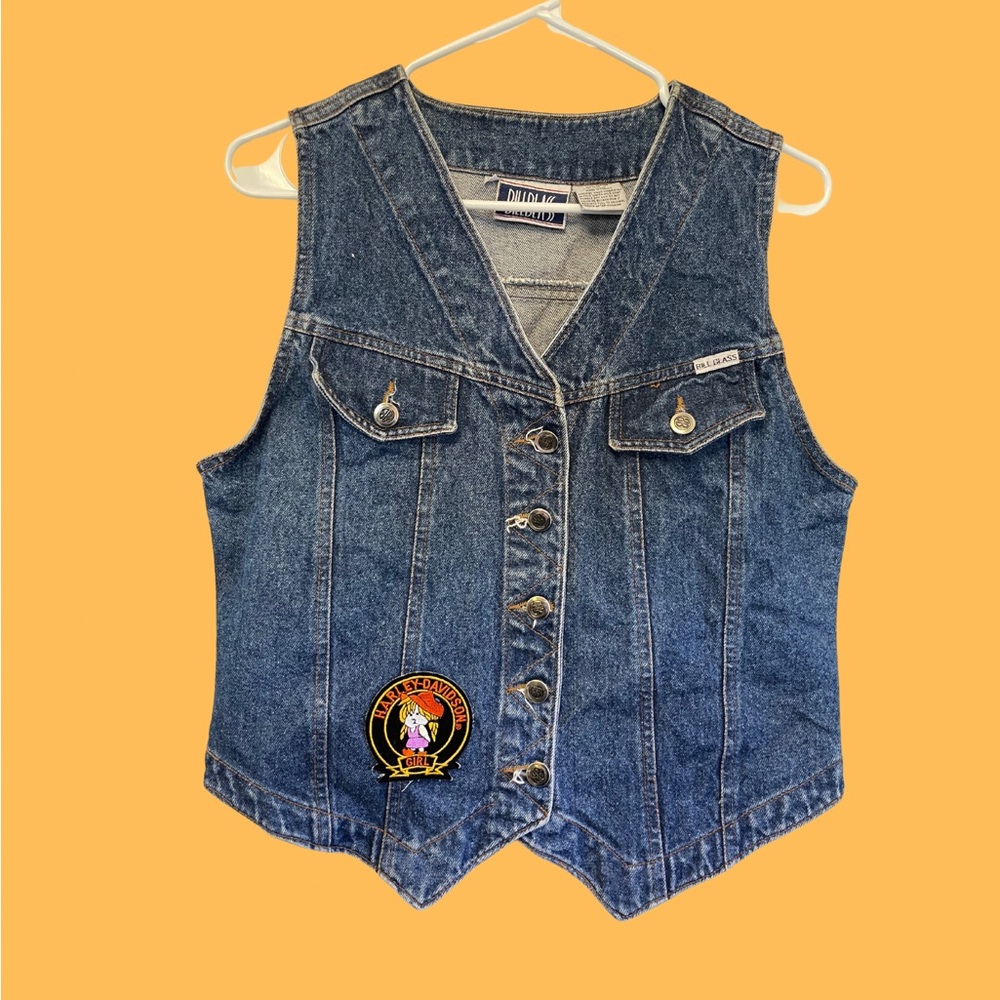 vintage bill blass denim vest with vintage Harley Davidson girl patch.
